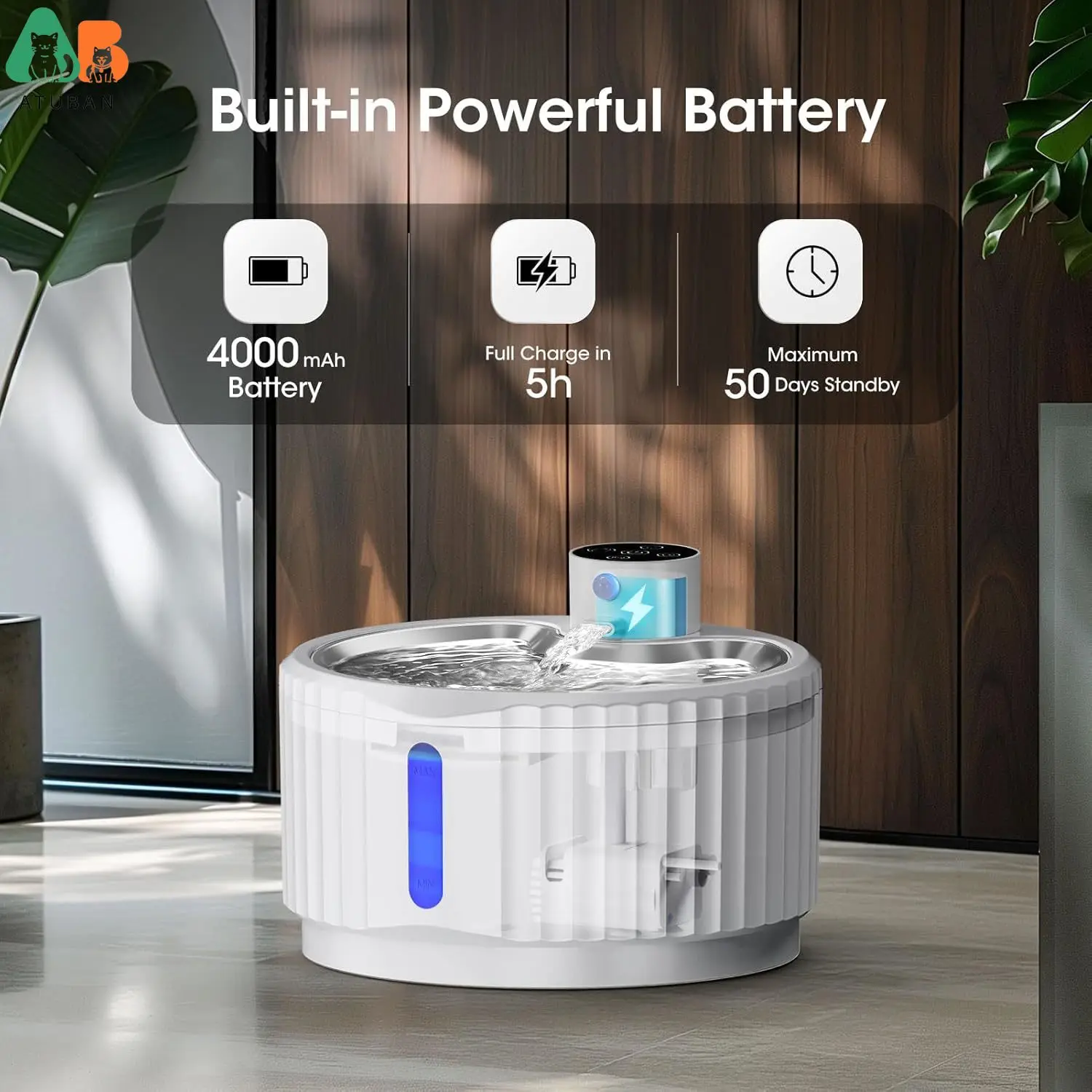 ATUBAN Fuente de agua inalámbrica para gatos, fuente de agua para mascotas con pilas de 95 oz/2,8 L para fuente de agua automática para perros, bomba silenciosa