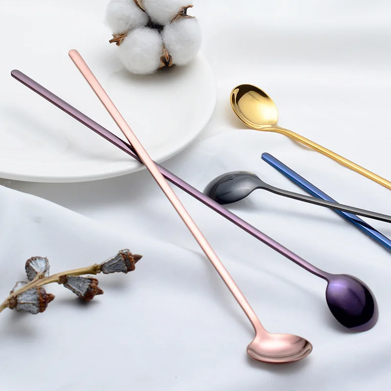 Cucharaditas de acero inoxidable con mango largo, cuchara para agitar té, café, helado, Bar, bebida, cóctel, cuchara mezcladora caliente, 24cm, nuevo - imagen 2