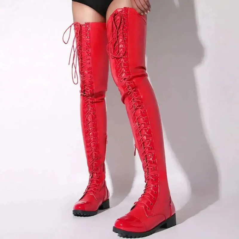 Botas por encima de la rodilla de tacón bajo con cordones negros para mujer Botas punk con cremallera y punta redonda para mujer - imagen 4