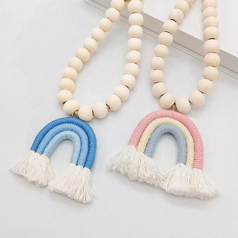 Cortinas Magnéticas con cuentas de madera y colgante de arcoíris tejido, corbatas decorativas elegantes, cortinas de ventana, paquete de 2 - imagen 3