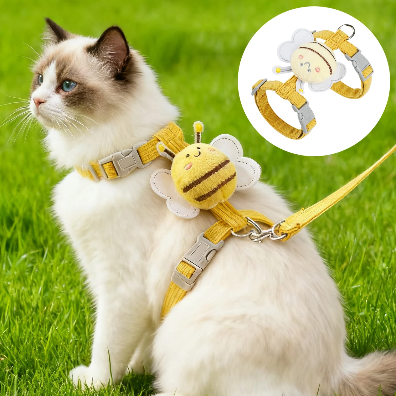 Conjunto de arnés y correa para gatos, arnés ajustable de doble capa con abeja de dibujos animados para perros pequeños y gatitos, arnés para caminar al aire libre para mascotas - imagen 2