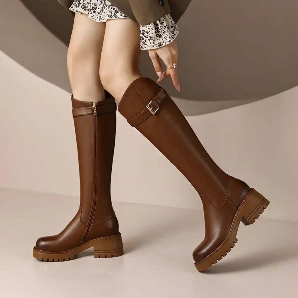 Botas hasta la rodilla para Mujer, botines clásicos cálidos con cremallera lateral, tacón grueso, ajustados, Otoño e Invierno - imagen 2