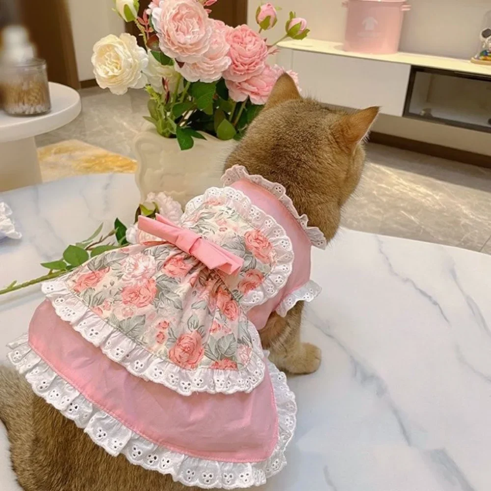 Delantal de encaje Floral para mascotas, vestido rosa para gato, vestido para perro, vestido de peluche de Marquis, ropa para perros pequeños, ropa para cachorros - imagen 4