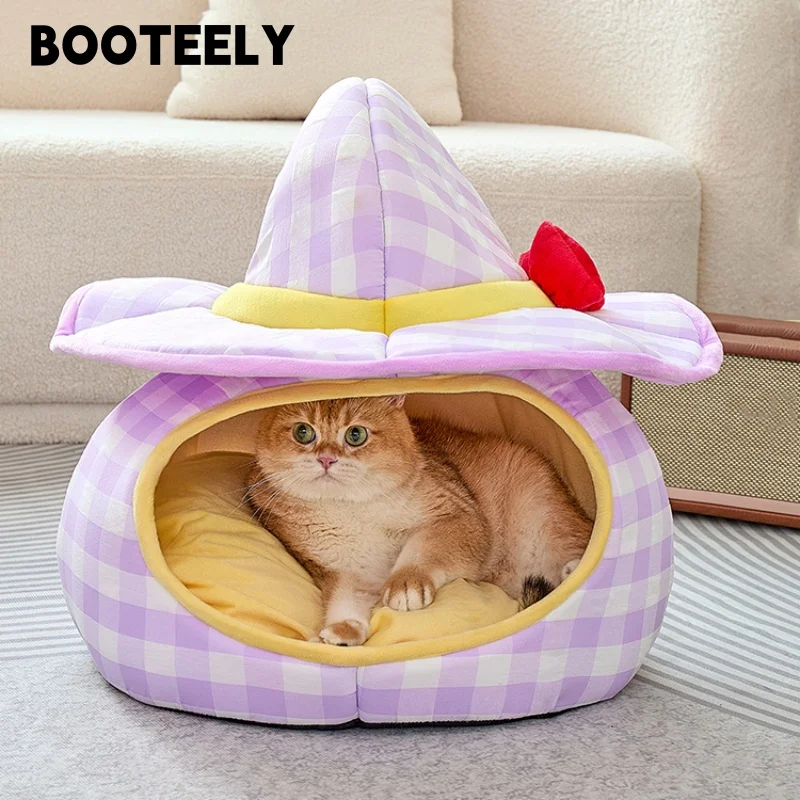 BOOTEELY Sombrero morado Nido Casa para gatos Nido de invierno cerrado de felpa cálido Acogedor cojín extraíble lavable Fondo antideslizante Interior