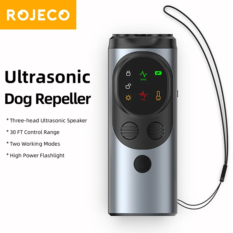 ROJECO-repelente ultrasónico para perros, dispositivo disuasorio de entrenamiento antiladridos, repelente de perros recargable de alta potencia con linterna LED ﻿
