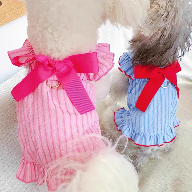 Vestido para perro con lazo a rayas, ropa para mascotas, ropa de verano a la moda para cachorros, Chihuahua, Bichon Yorkie, traje para perro para niñas, faldas rosas con tirantes - imagen 2