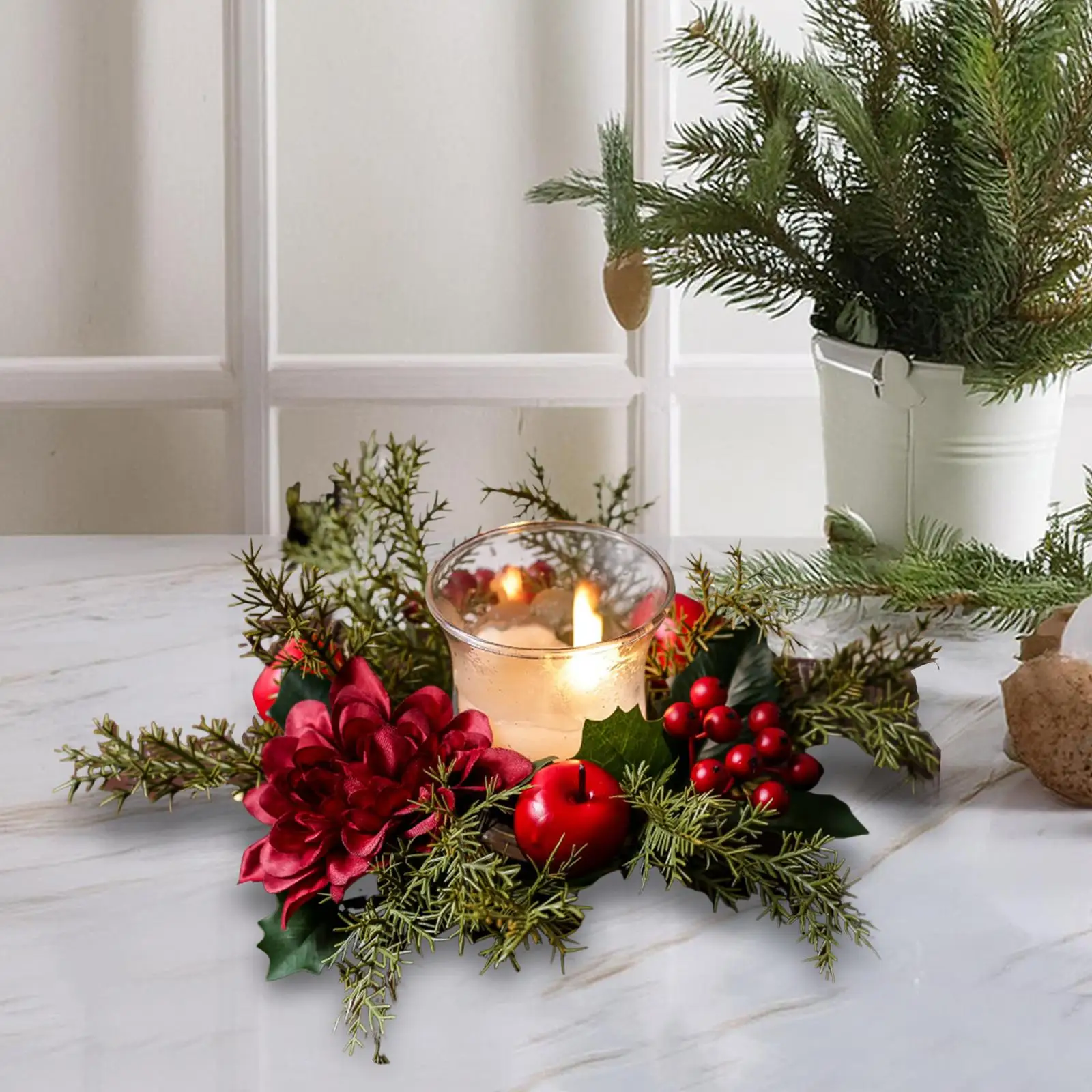 Anillo de vela de Navidad, corona de bayas rojas artificiales, guirnalda de portavelas para fiesta