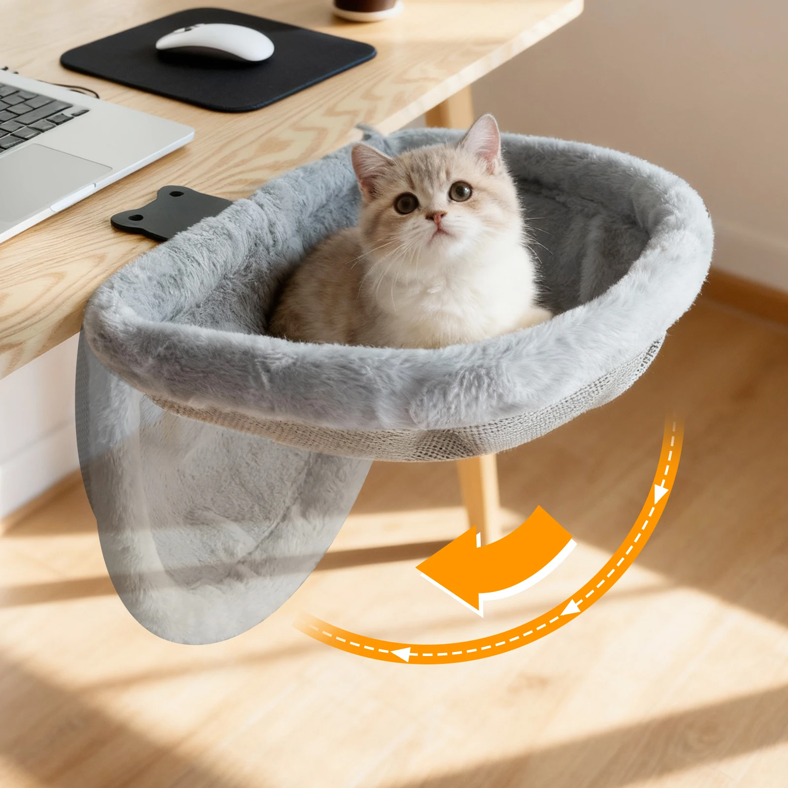 Cama de escritorio para gatos, diseño hundido plegable con un solo clic, Material suave de piel sintética de conejo que ahorra espacio, adecuado para varios escritorios