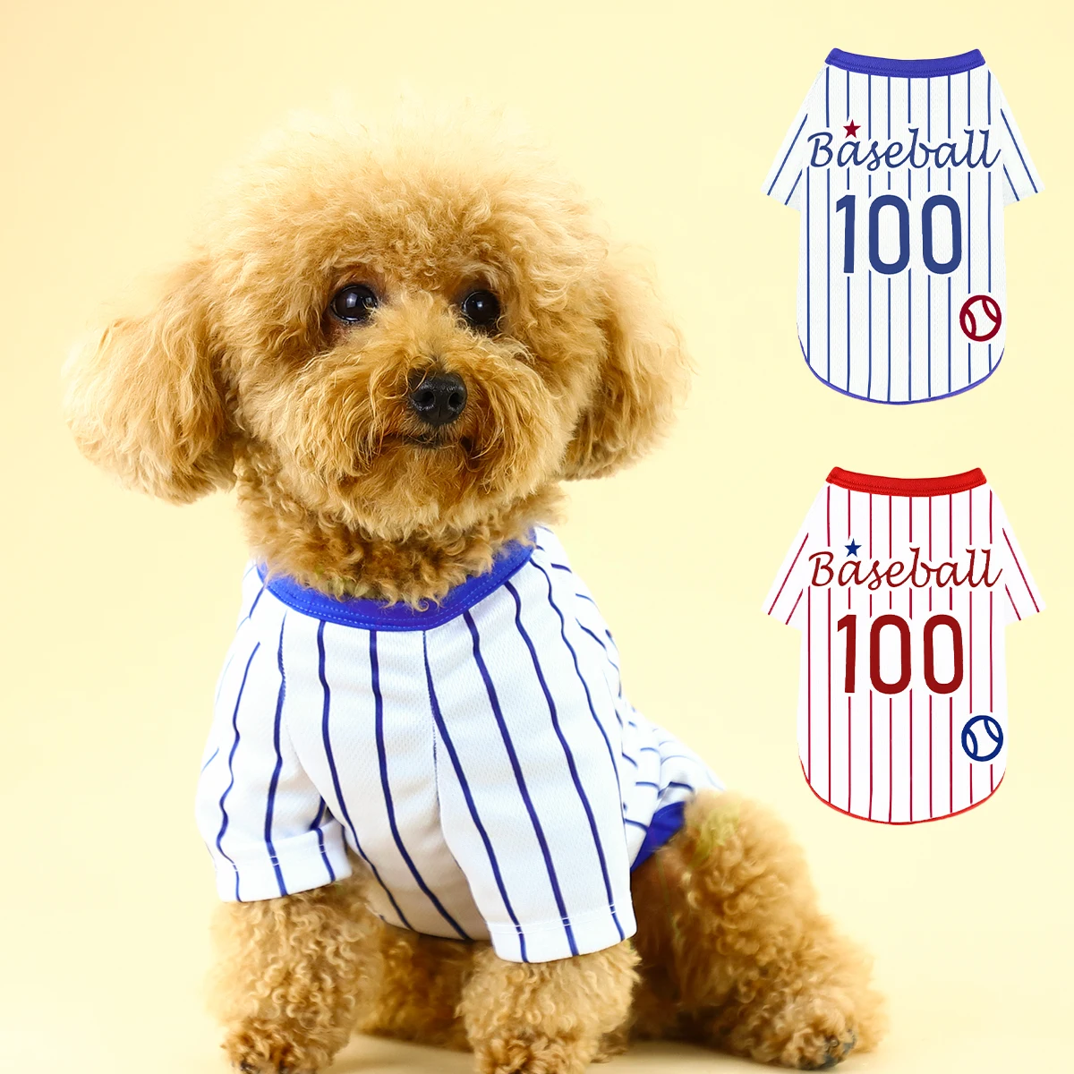 Presentamos nuestra camiseta atlética para perros a rayas, a medida para razas grandes, medianas y pequeñas. La espalda muestra 'Baseball 100' te