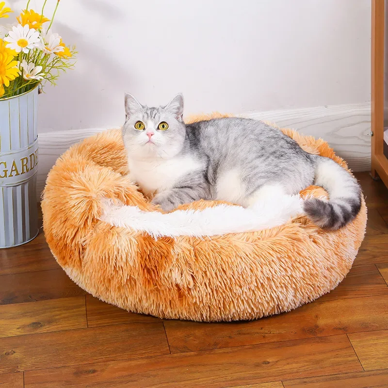 Cama para gatos con repetición, cama redonda de felpa esponjosa con capucha, cueva para gatos acogedora para interiores, Donut, autocalentable, cama para perros pequeños, antiansiedad para invierno - imagen 3