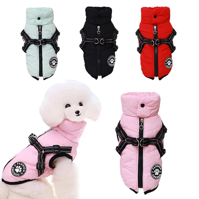 Chaqueta de invierno para mascotas con arnés, abrigo para cachorro adjunto, ropa impermeable para perros pequeños y gatos, Collar para Chihuahua, disfraz de Pug y caniche