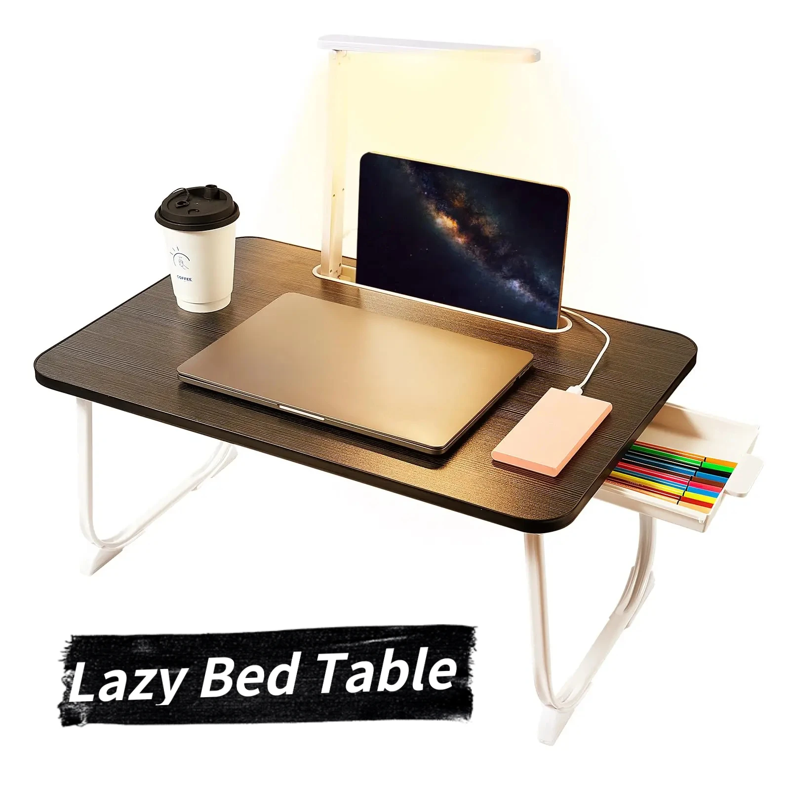 Mesa de cama perezosa, escritorio plegable para ordenador portátil con portavasos ligero y cajón de almacenamiento, soporte ajustable sin elevación portátil para Notebook/tableta