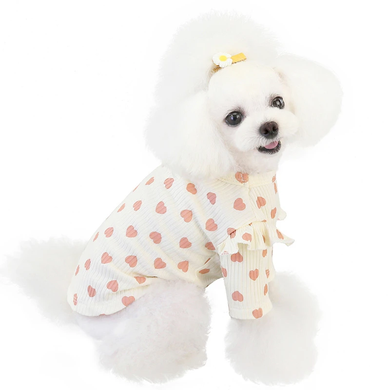 Ropa de primavera con estampado de corazón para cachorros, ropa de algodón suave para mascotas, ropa para perros pequeños, York, Chihuahua, camiseta de manga corta para gatos