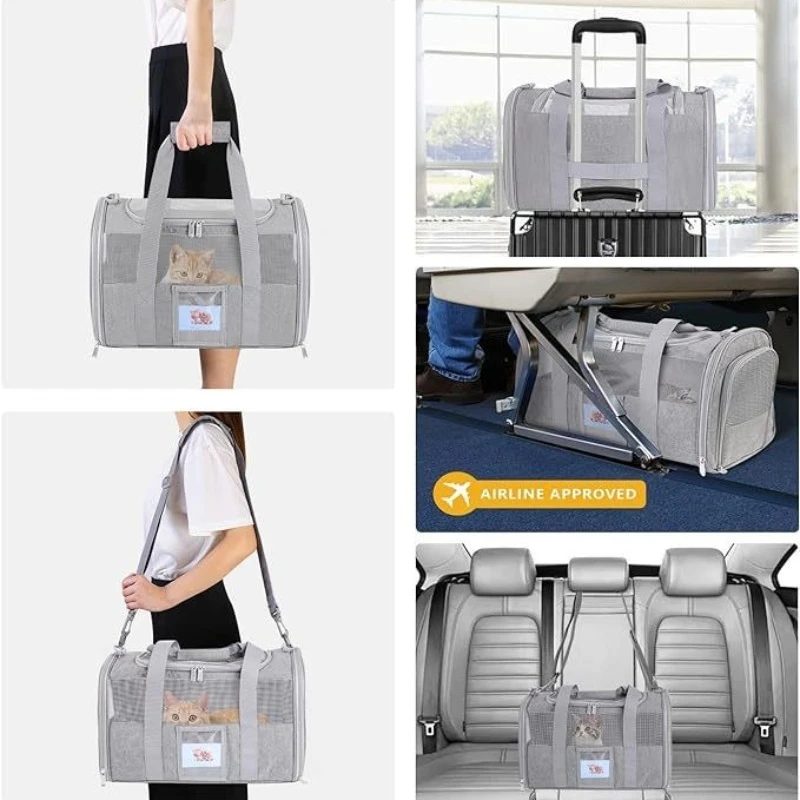 Bolsa transpirable para gatos, bolsa plegable de malla para gatos, transportadores portátiles de viaje para gatos salientes, bolso para mascotas al aire libre con cuenco plegable - imagen 5