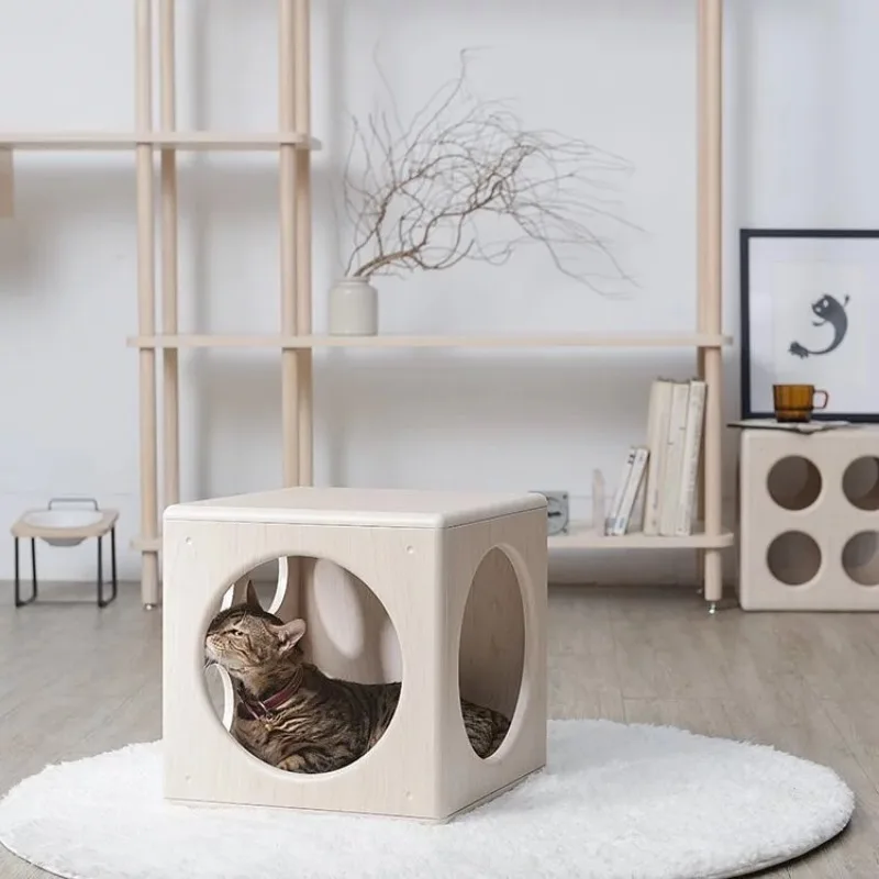 Casa de gato semicerrada de madera, combinación de bloques de construcción, productos DIY, marco de escalada para gatos, nido, túnel, laberinto, rascadores espaciales - imagen 4