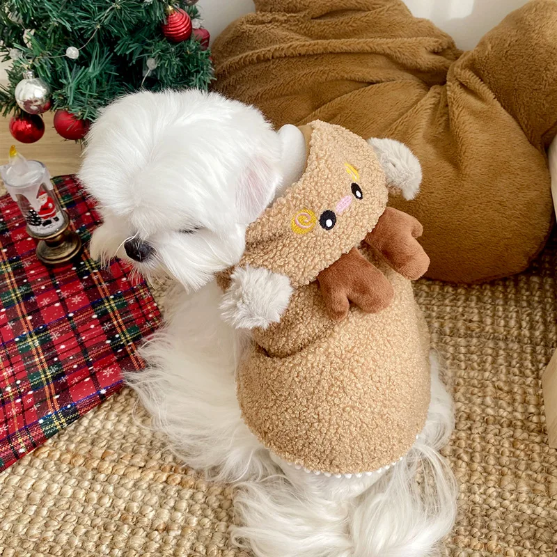 Ropa navideña para mascotas, chaqueta marrón para perros, capa navideña para perros, Yorkshire, ropa cálida de invierno, pijamas populares Bichon, albornoces