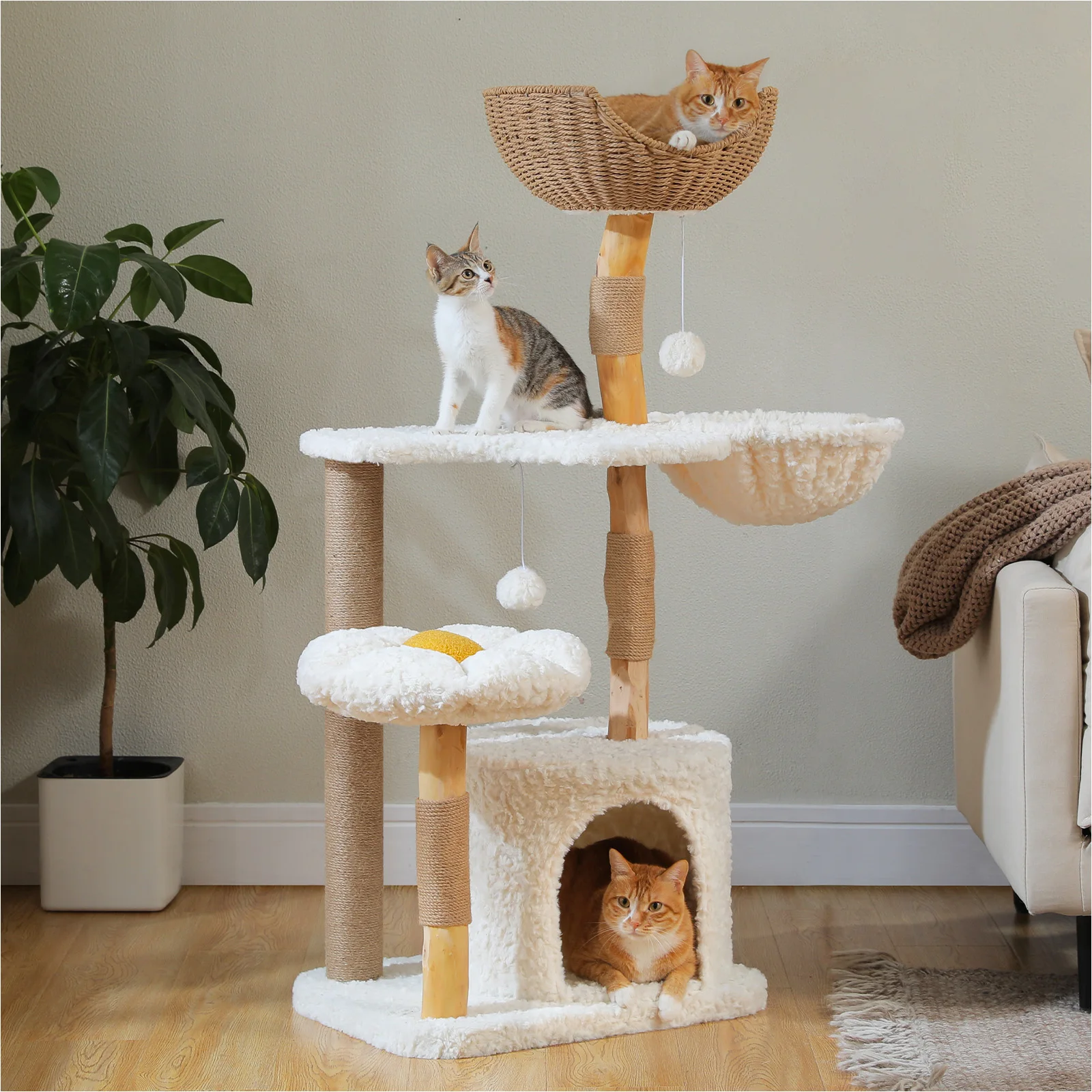 Árbol para gatos moderno para gatos de interior, torre para gatos de madera maciza con Condo de lujo, hamaca acogedora, poste rascador, cama para gatos con flores, juguetes para gatos