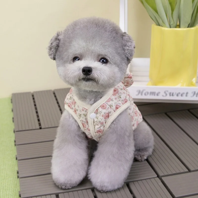 Chaqueta con lazo para perro, abrigo con estampado de flores, ropa para perro, chaleco de algodón cálido para invierno, chaqueta suave para gato, cárdigan para mascota, disfraz para perro - imagen 3