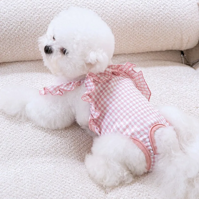 Pañal con tirantes para perro, pantalones fisiológicos lavables para mascotas, pantalones cortos bonitos a cuadros para perro, mangas voladoras, camisa para gato, ropa interior para perro - imagen 2