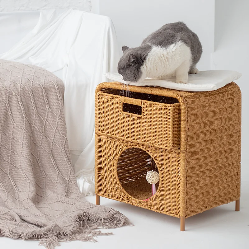 Cama ratán interior 2 en 1 para gatos – tejido a mano y mesa auxiliar - imagen 2