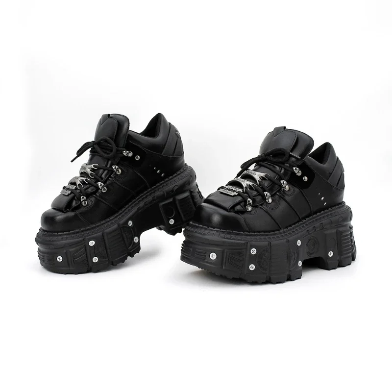 Nuevos zapatos de mujer estilo Punk con cordones altura del tacón 6CM zapatos de plataforma mujer gótico tobillo Rock botas decoración de Metal zapatillas de deporte para mujer - imagen 3