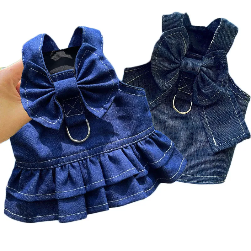 Ropa vaquera para perro, vestido azul de primavera para perro, arnés, pantalones vaqueros de Bulldog Francés, sudaderas con capucha y pajarita para gatos, falda con anillo en D para perros pequeños y grandes Yorkie - imagen 2