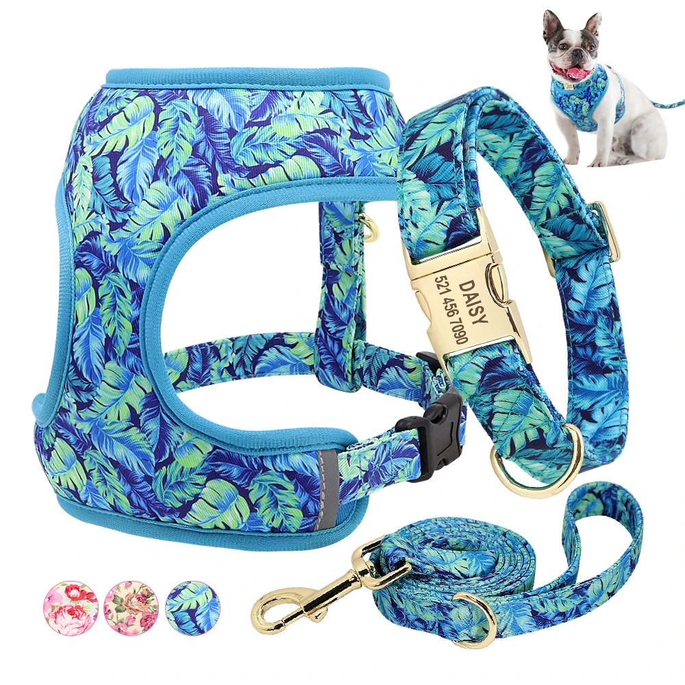 Collar de perro con flores personalizado, conjunto de correa con arnés, chaleco para cachorros y gatos con estampado personalizado, correas para perros pequeños y medianos, S-XL