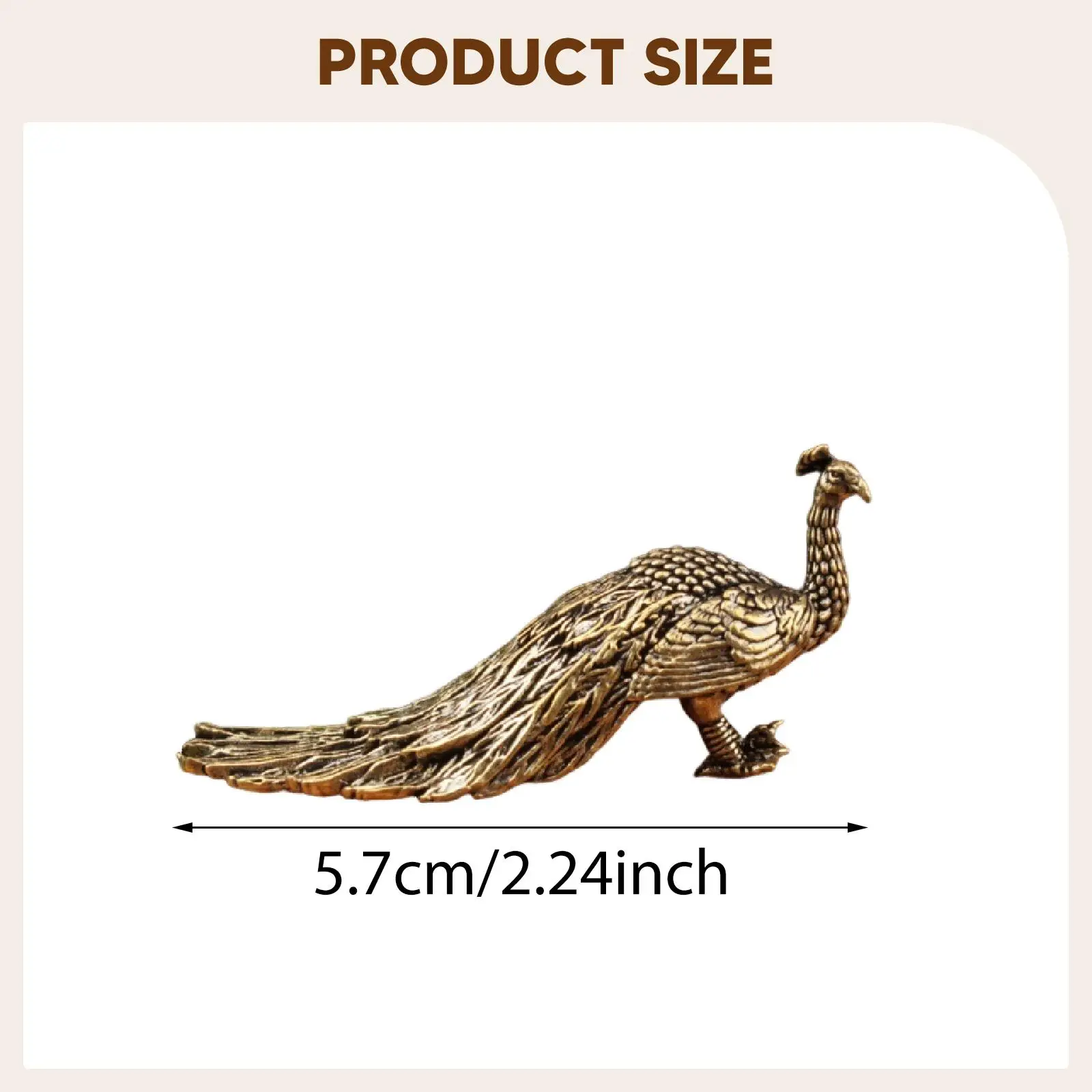 Brass Peacock Figurine Animal Sculpture Statue Collectible Gift Ornament 5.7cm Tiny for Car Living Room Office Bedroom Desktop