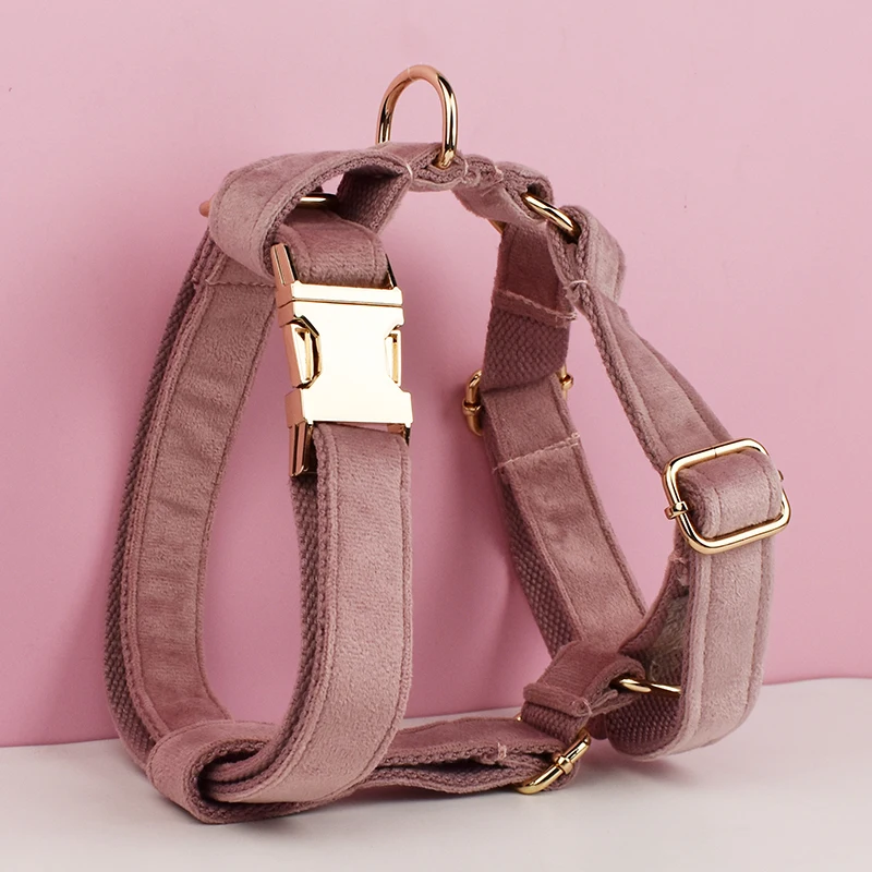 Juego de Collar y correa para perro de terciopelo morado claro para perros, placa con nombre grabada personalizada, suministros para mascotas, correa para perro de terciopelo05 - imagen 2