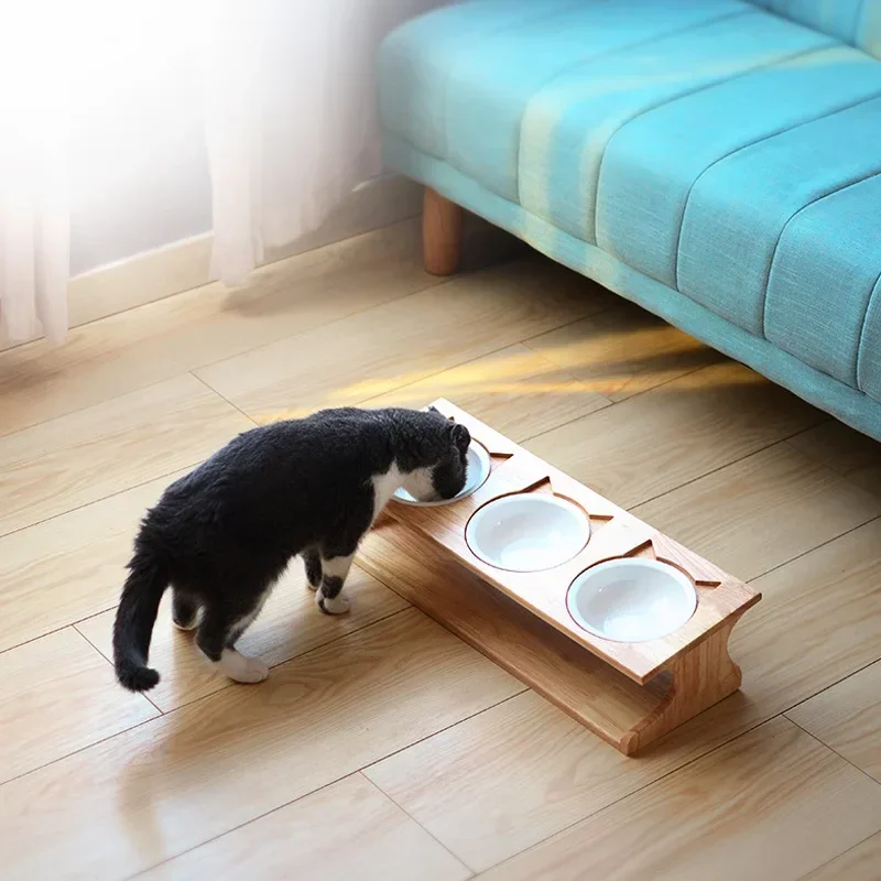 Cuenco de cerámica para gatos, suministros para mascotas, lavabo de comida para gatos, cuenco de cerámica con patas altas, madera maciza inclinada - imagen 2