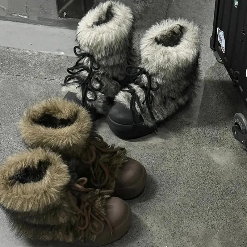 Botines de nieve de piel para mujer, zapatos planos con plataforma cálidos, zapatillas cómodas informales de felpa de diseñador para invierno, nueva tendencia - imagen 4
