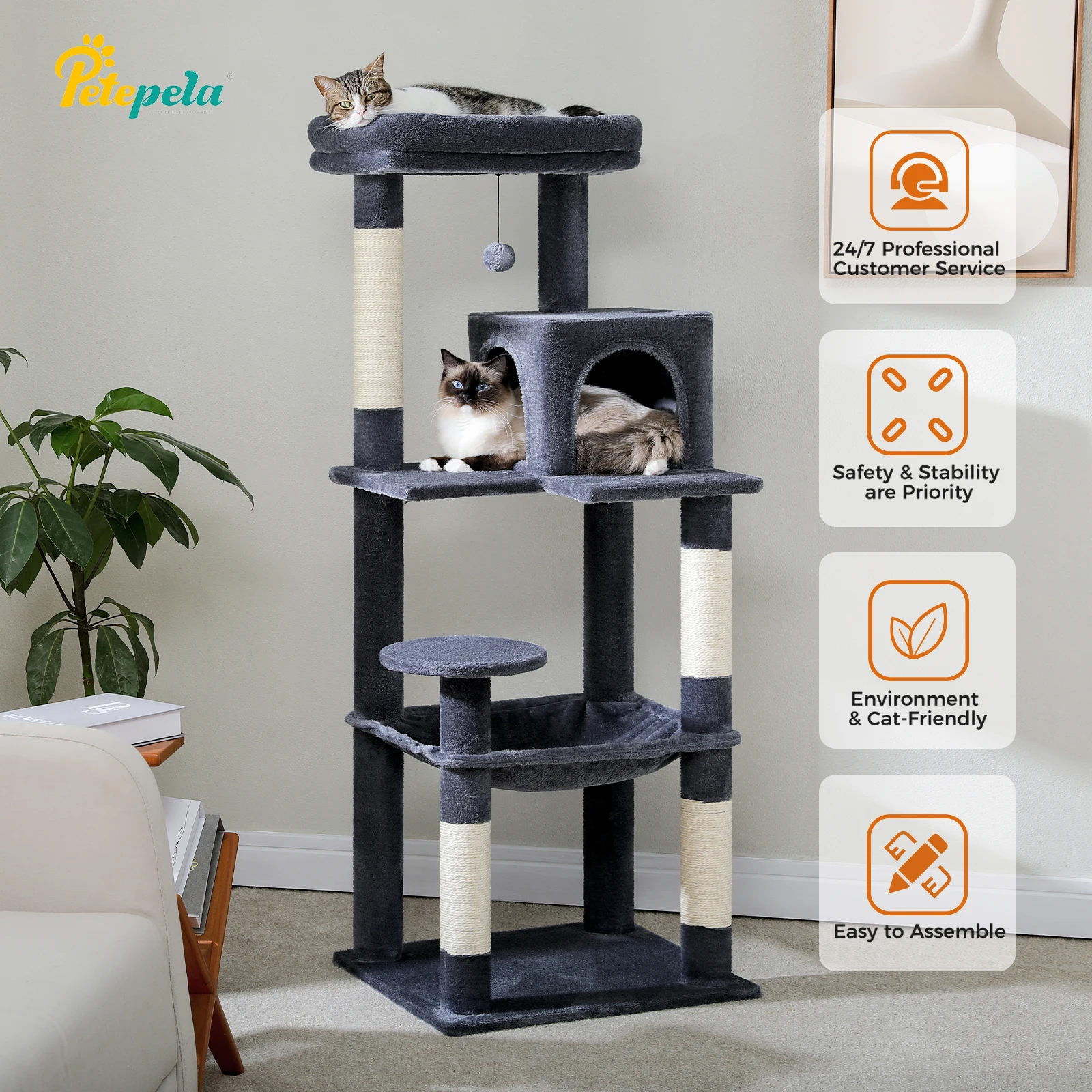 Árbol para gatos para gatos de interior, torre para gatos de varios niveles con hamaca súper grande, postes para rascar cubiertos de Sisal, Condo acogedor y perca superior