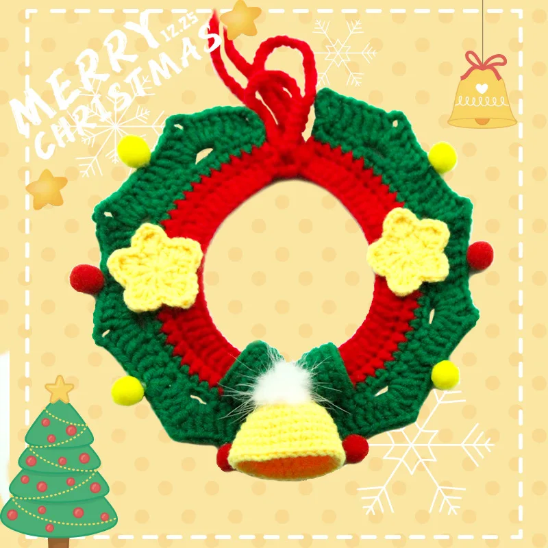 Decoración navideña para mascotas, Collar de corona de ganchillo con campana, accesorio festivo de hilo hecho a mano para perros y gatos