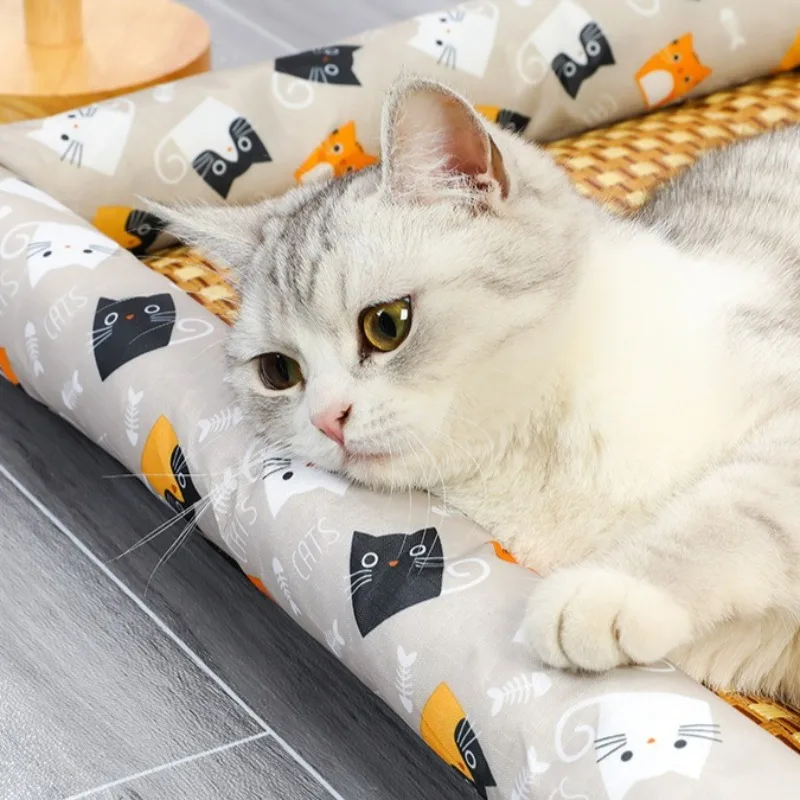 Esteras para dormir de verano para mascotas, nido refrescante para gatos, suministros transpirables antideslizantes para perros, almohadilla de cama tejida de mimbre para el hogar - imagen 2