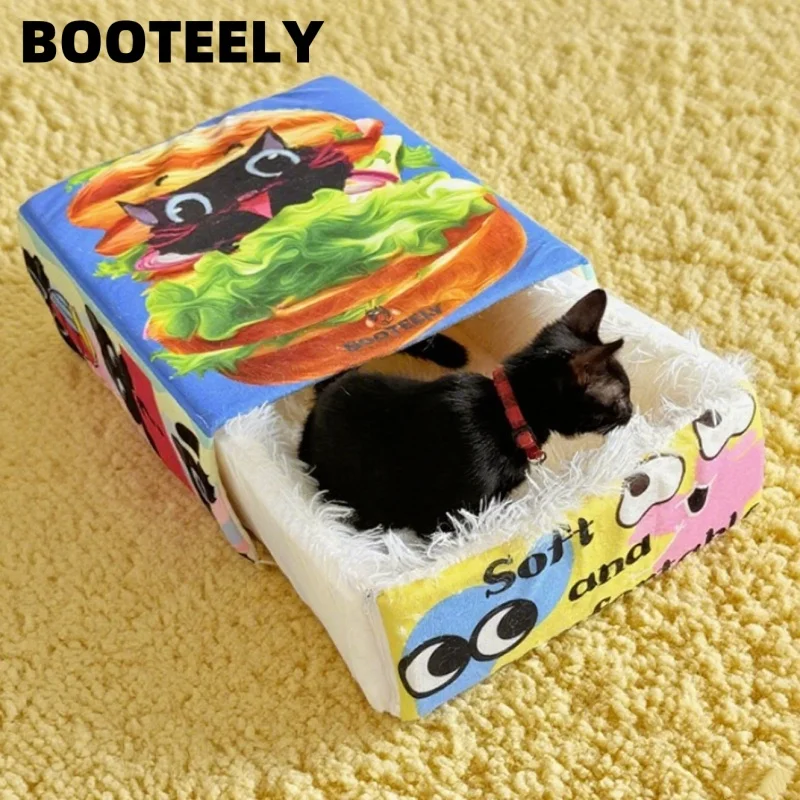 BOOTEELY Cartoon Hamburger Black Cat Snack Box Plush Cat Bed Spacious Cozy Pet Nest For Cats' Comfortable Rest With Cute Design