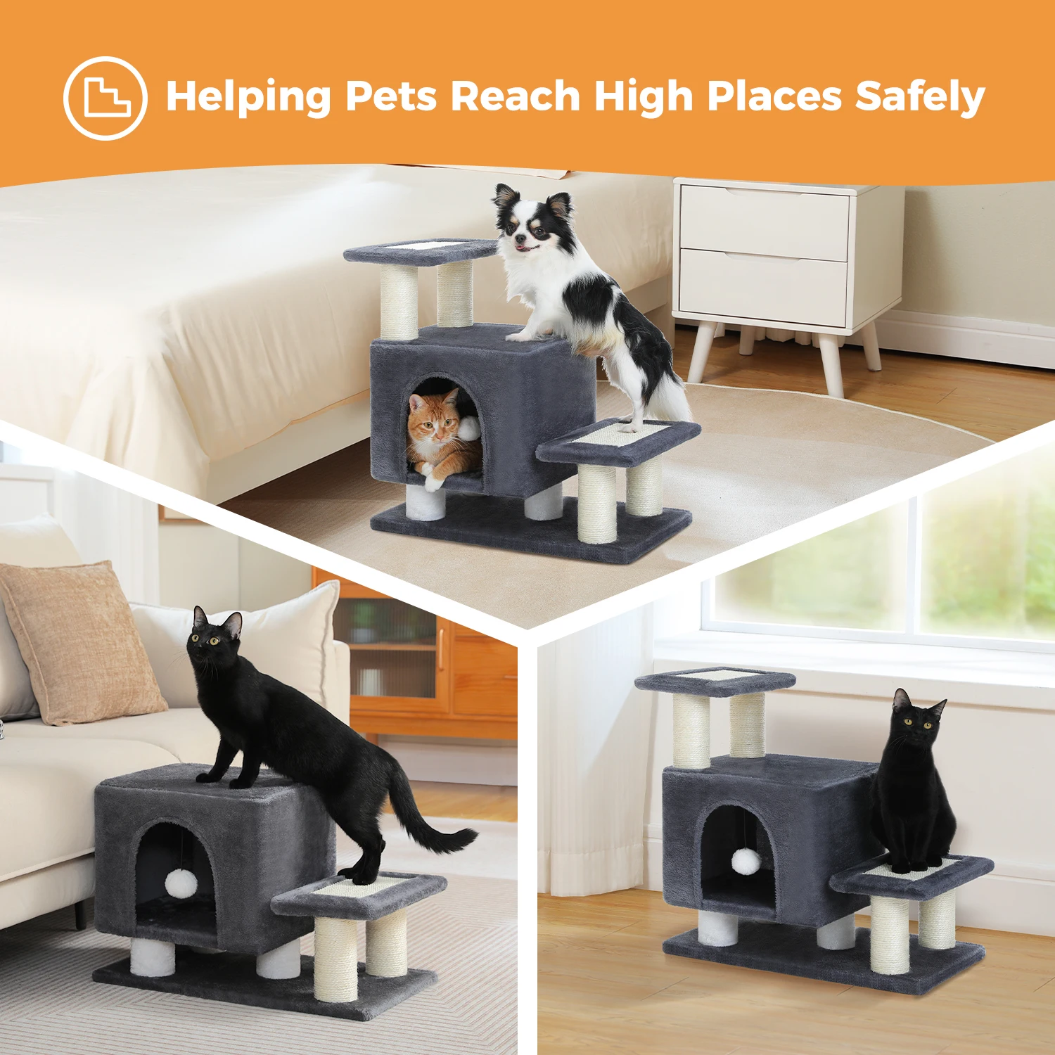 Escaleras para perros de 3 niveles, escaleras extraíbles para mascotas para perros y gatos pequeños, casa multifuncional para gatos con postes rascadores, Condo para gatos - imagen 3