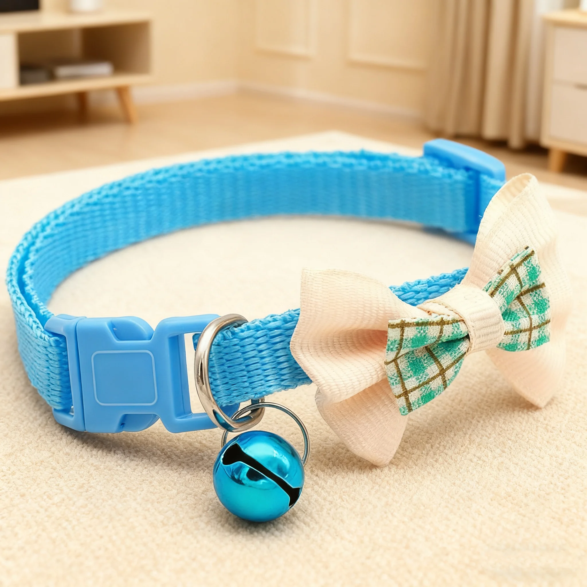 Collar de gato colorido bonito, collar de campana para perro, Collar de campana con lazo a cuadros, Collar de campana ajustable para mascotas - imagen 3