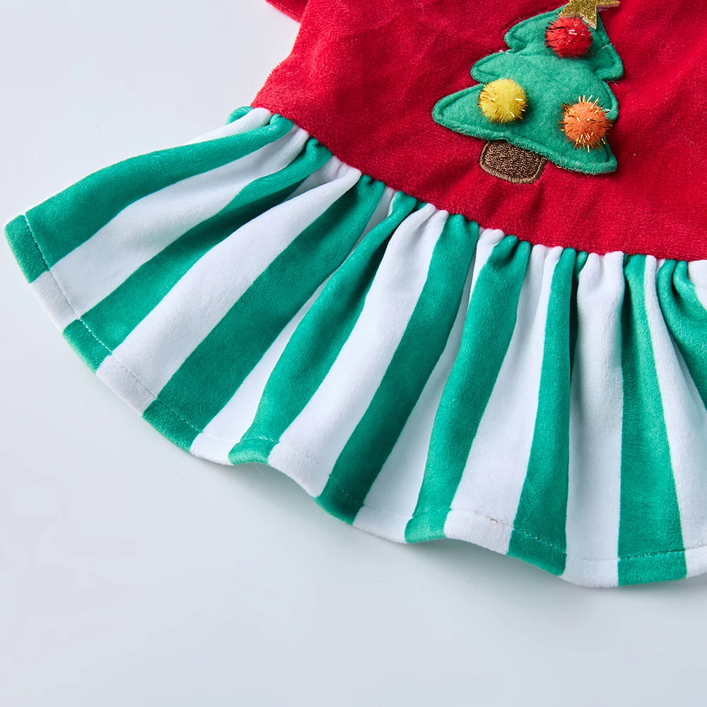 Conjunto de vestido navideño para perros con falda de rayas verdes y top rojo con sombrero, disfraz de invierno de forro polar cálido, traje de vacaciones para mascotas pequeñas y grandes - imagen 4