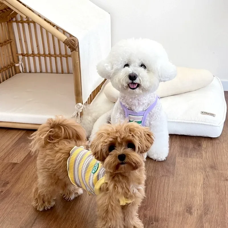 Ropa a rayas para perros, chaleco para cachorros, eslinga corta para mascotas, chaleco de peluche de sección delgada de verano, camiseta bonita de Bichon, camiseta fresca para el hogar de manga corta - imagen 4