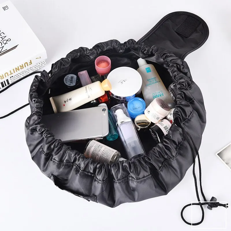 Bolsa de almacenaje para maquillaje elástica con cordón, bolso portátil de viaje negro de gran capacidad, bolsas de almacenamiento a la moda