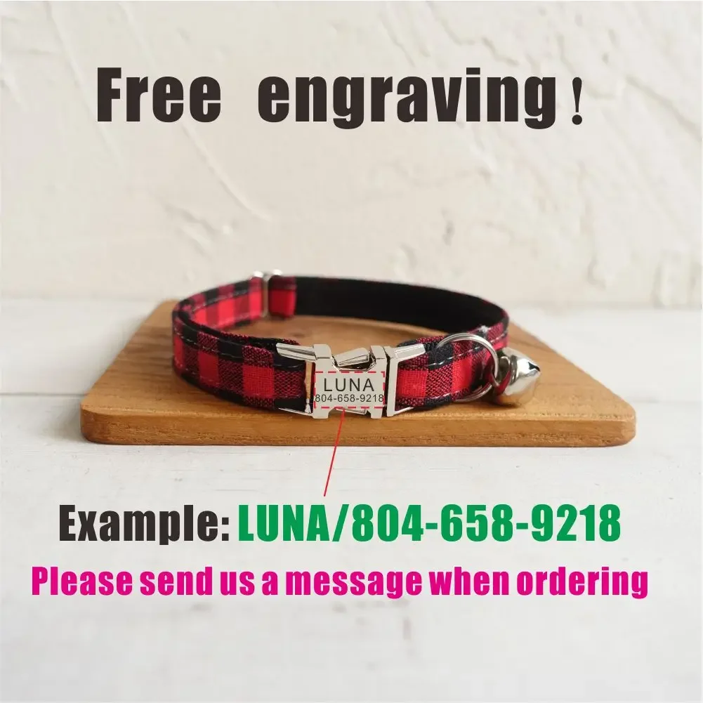 Collar de gato personalizado con grabado gratuito, correa para mascotas a juego, hebilla de Metal de contactos personalizados, Collar para mascotas a cuadros rojo y negro - imagen 4