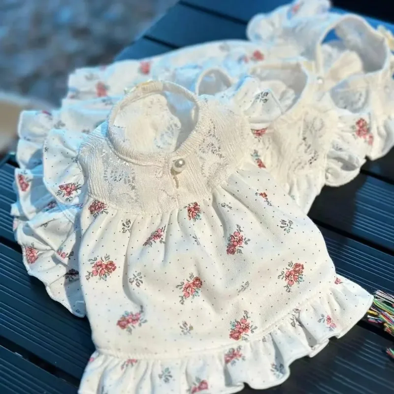 Ropa para perros Ins, falda de flores, mangas voladoras de verano para perros, elástico, Vintage, flor fragmentada, camiseta sin mangas bonita para mascotas, vestidos para cachorros - imagen 4