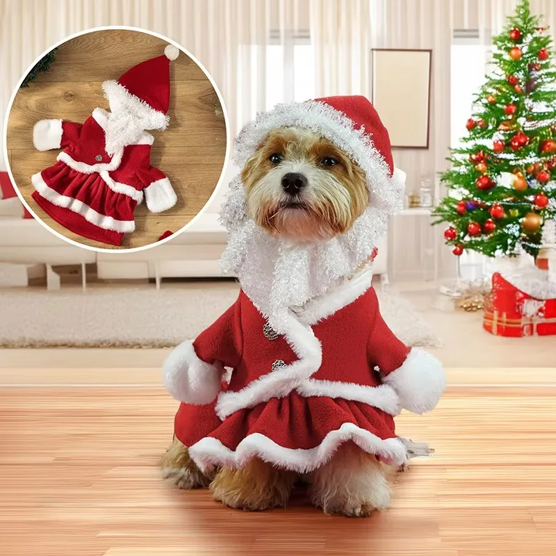 Traje cálido para mascotas para perros pequeños/medianos, disfraz navideño para perros de Papá Noel con sombrero, vestido polar con borde de felpa, - imagen 2