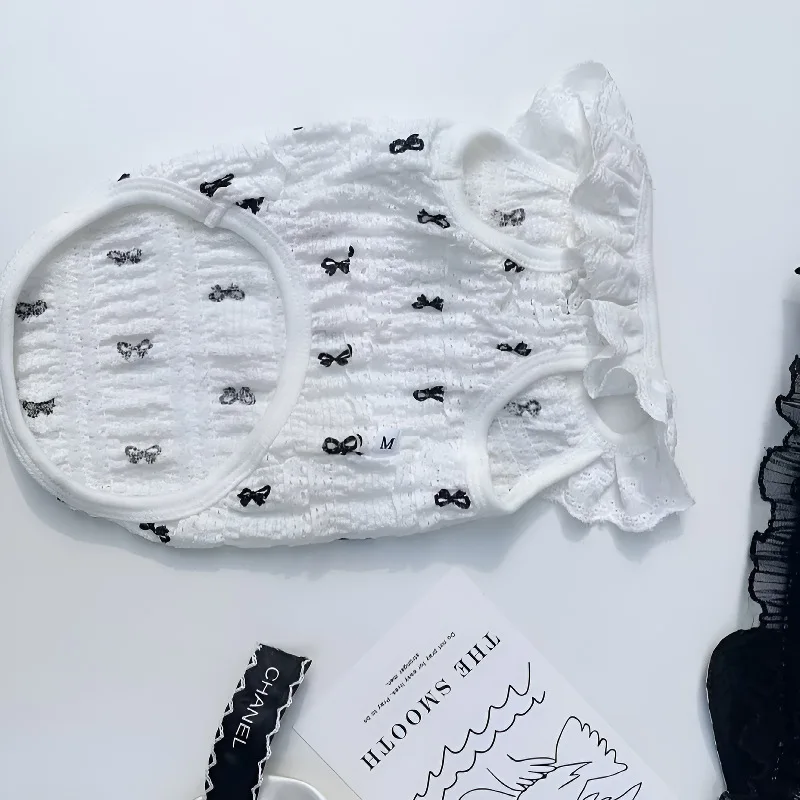 Summer White Bubble Check Pet Clothes Two Legs Dog Clothes Bichon Frise Teddy Bow Lace Dress Yorkshire Solid Color Sling - imagen 4