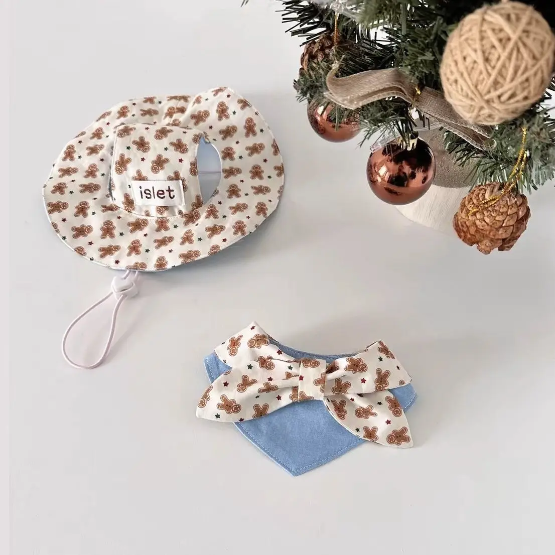 Man Print Triangle Scarf & Hat Set For Small Dogs And Cats Blue White Kawaii Pet Clothes, Adjustable Spring Summer Outfit - imagen 5