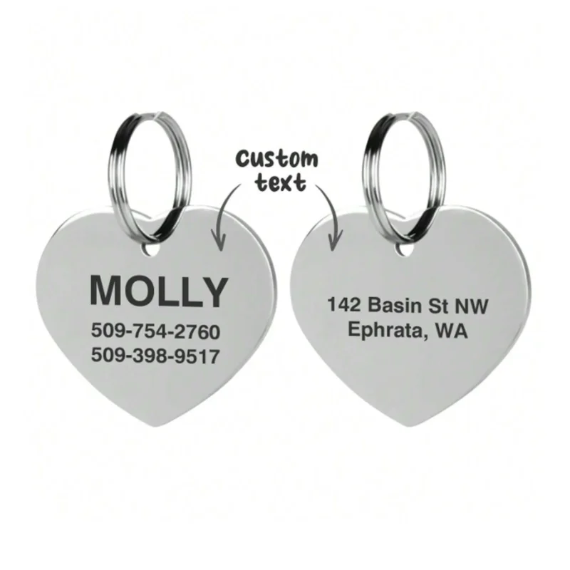 Etiqueta personalizada de acero inoxidable para identificación de mascotas, nombre de gato, Collar de perro, etiqueta con nombre de corazón, teléfono, placa antipérdida de doble cara personalizada para mascotas