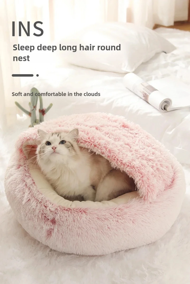Cama nido acolchada para gatos, felpa suave y abrigo cálido - imagen 2