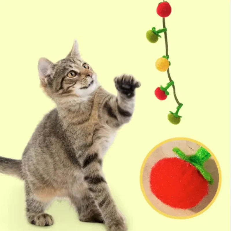 Juguete portátil para rascar gatos y tomate de dibujos animados, cuerda de peluche con campana, divertido rompecabezas interactivo de fruta simulada para juegos en interiores - imagen 3