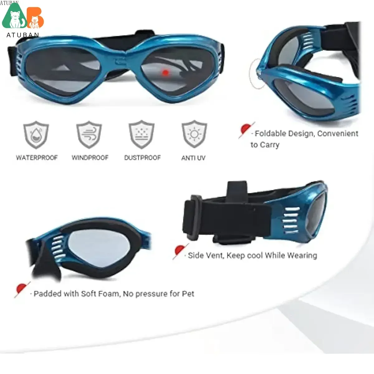 ATUBAN Gafas para Perros Protección UV Media Gafas de Sol Boston Terrier Ajustables Fácil de Usar Gafas para Perros de Motocicleta a Prueba de Viento para Perros - imagen 5