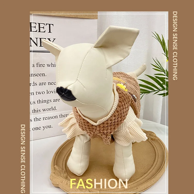 Falda con tirantes de felpa para mascotas, ropa para mascotas de otoño/invierno, ropa gruesa para mascotas, abrigo bordado bonito, ropa para cachorros para perros pequeños - imagen 2